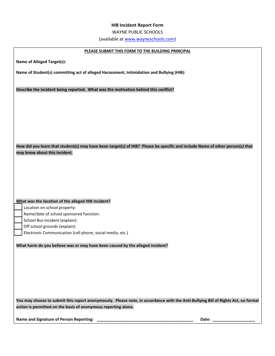 Hib Incident Report Form - Wayne Public Schools, Page 1