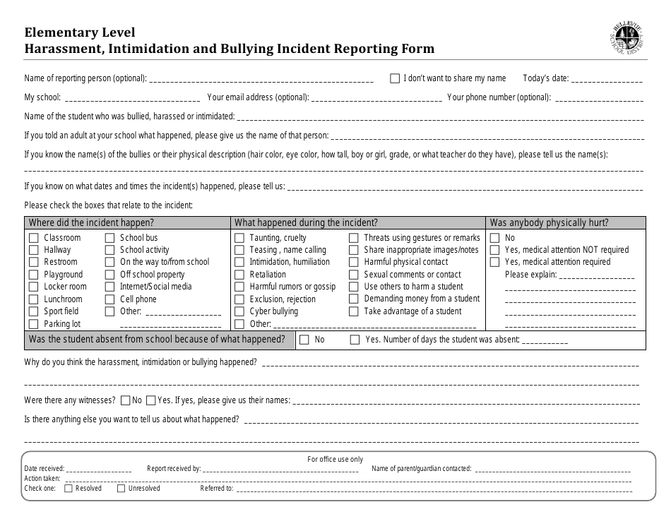 Harassment, Intimidation and Bullying Incident Reporting Form - Elementary Level - Bellevue School District, Page 1