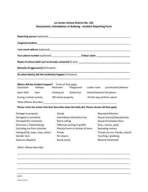 Harassment, Intimidation or Bullying Incident Report Form - La Center School District No. 101 Download Pdf