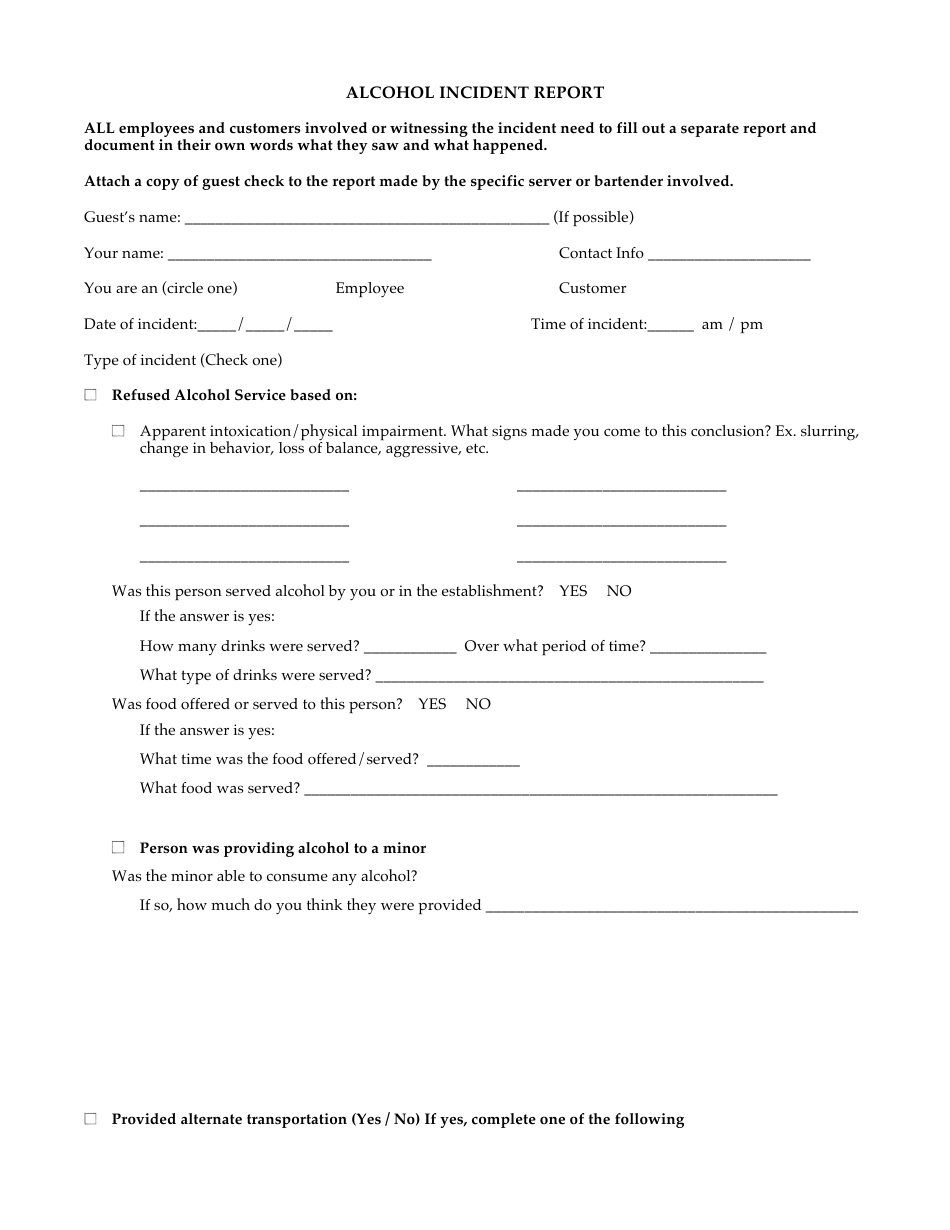 Alcohol Incident Report Form - Topshelf, Page 1
