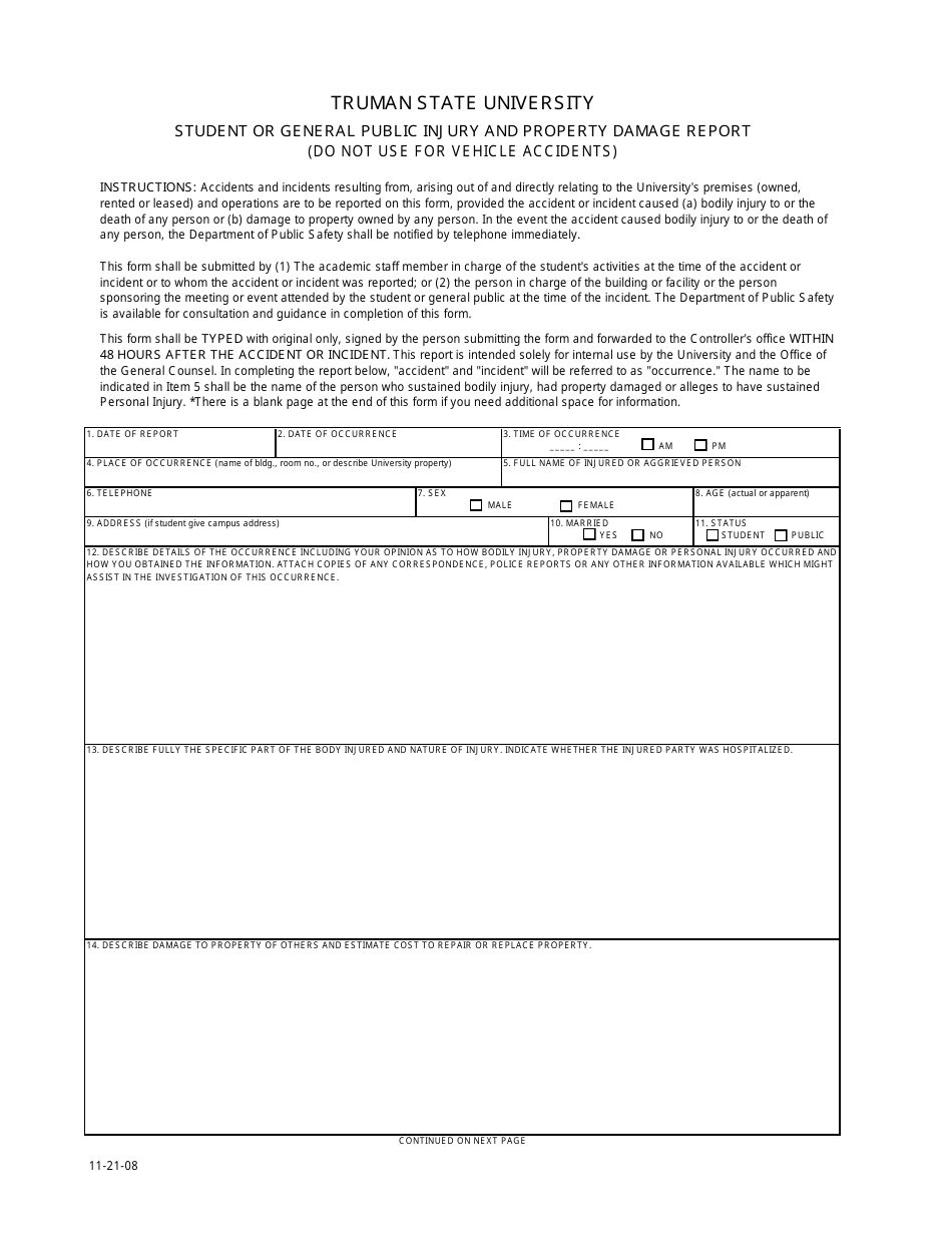 Student or General Public Injury and Property Damage Report Form - Truman State University, Page 1