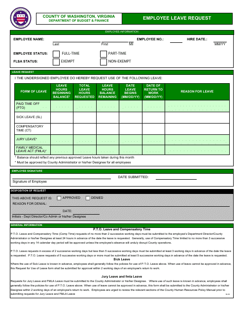 Employee Leave Request Form - Washington County, Virginia Download Pdf