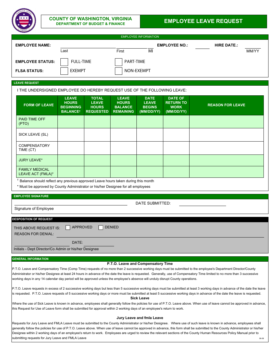 Washington County, Virginia Employee Leave Request Form - Fill Out ...