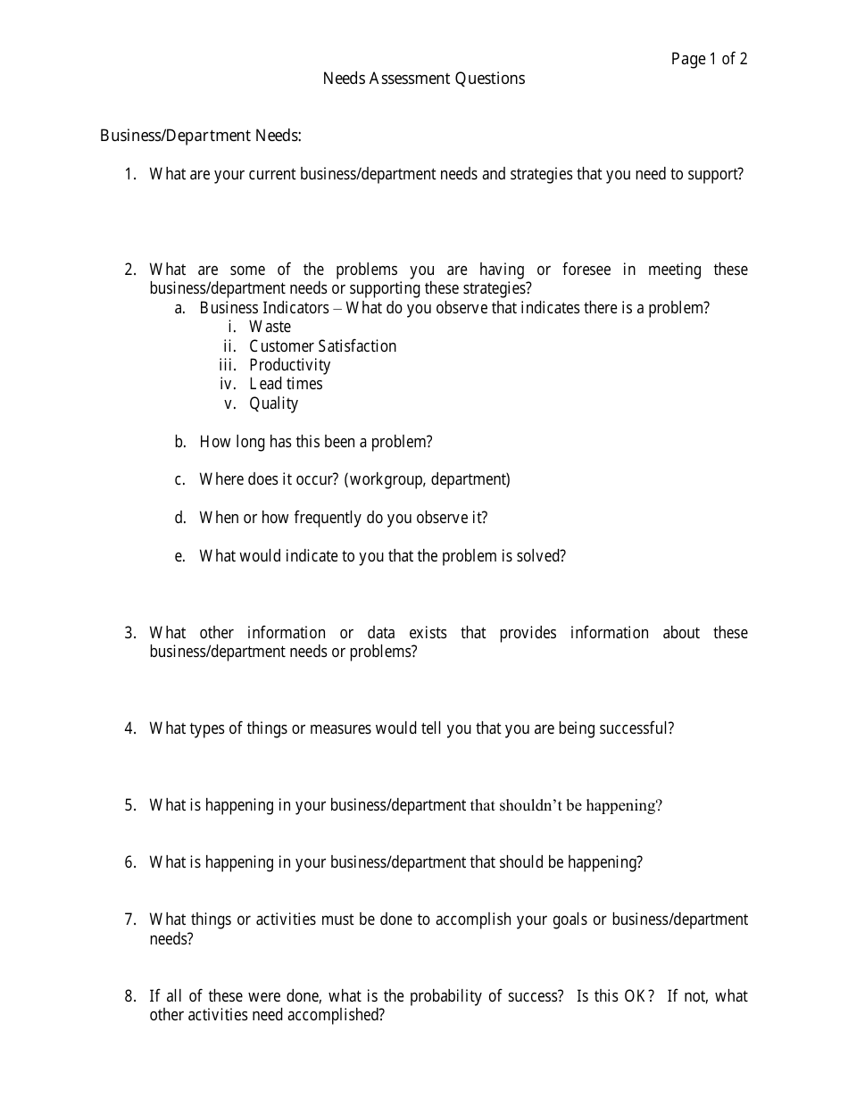 Needs Assessment Questionnaire - Preview Image