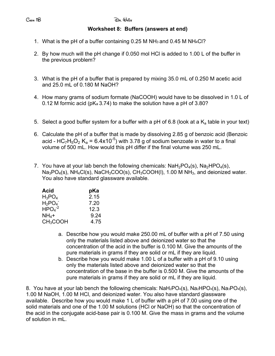 Buffers Chemistry Worksheet With Answers Dr. White Download Printable