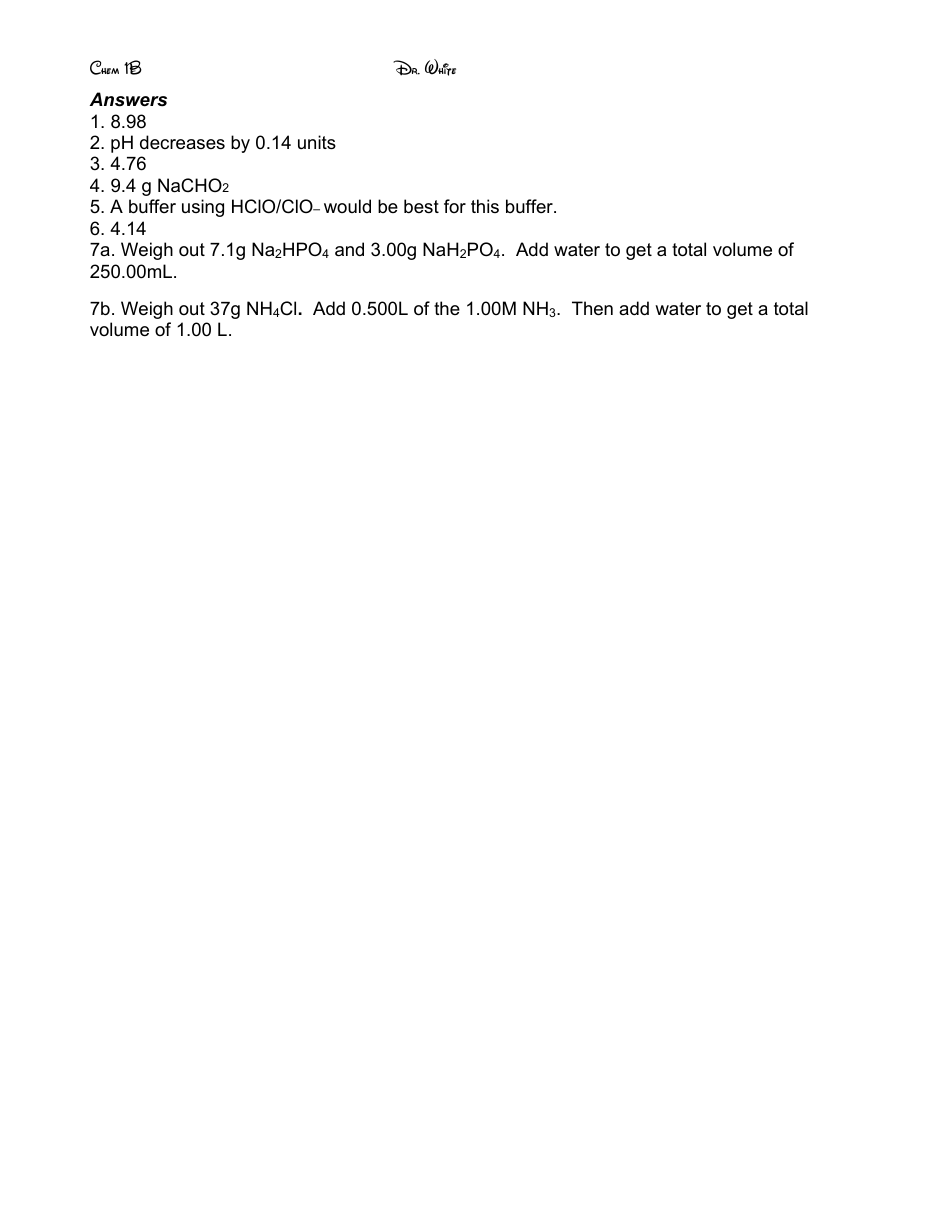 Buffers Chemistry Worksheet With Answers - Dr. White, Page 2