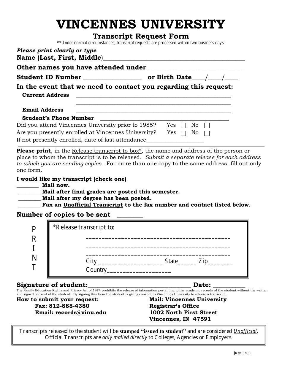 Transcript Request Form - Vincennes University, Page 1