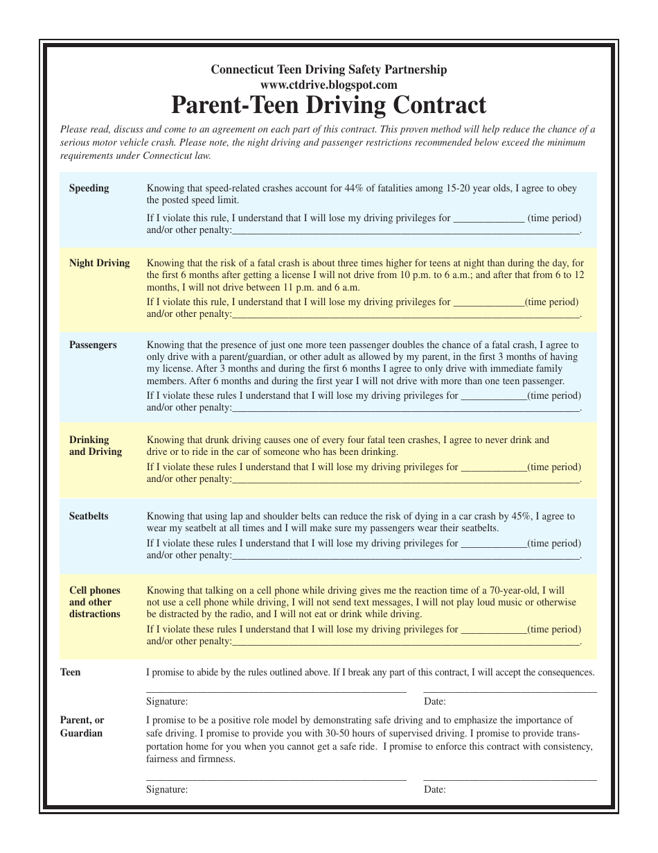 Parent-Teen Driving Contract Template - Connecticut, Page 1