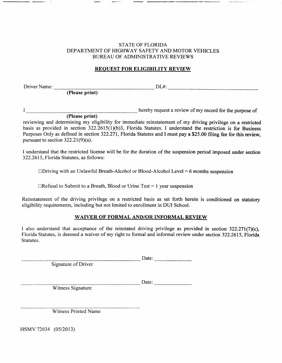 Request for Eligibility Review Form - Florida, Page 1