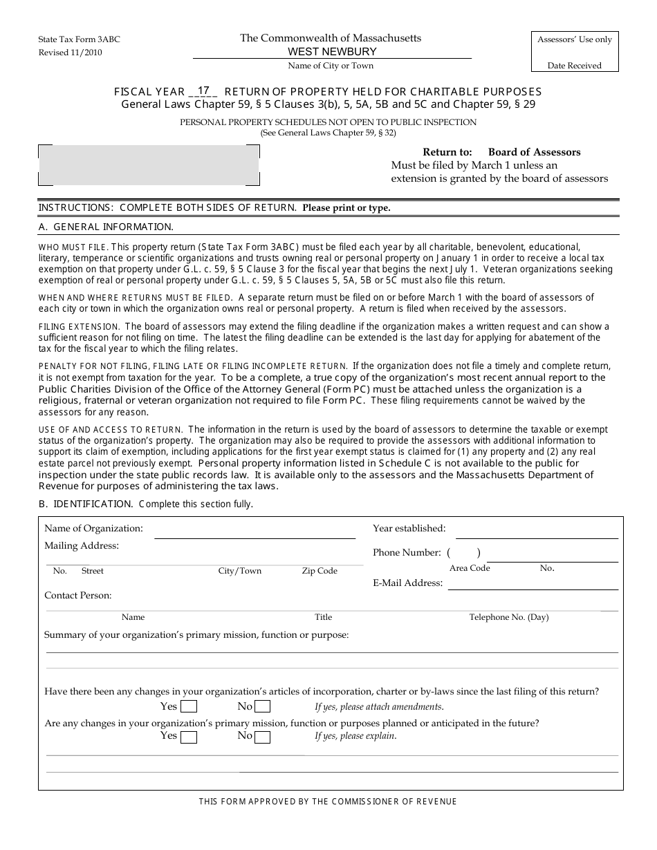 Form 3ABC Return of Property Held for Charitable Purposes - Massachusetts, Page 1