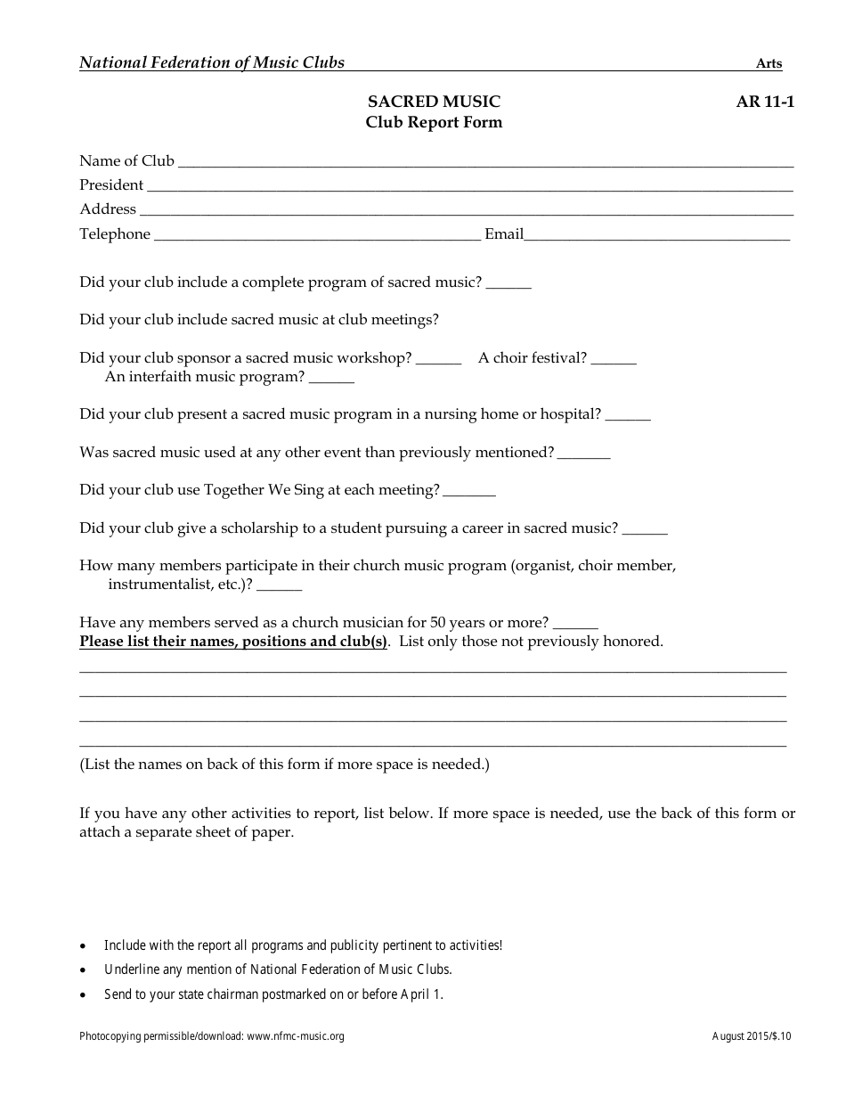 Sacred Music Club Report Form - Fill Out, Sign Online and Download PDF ...