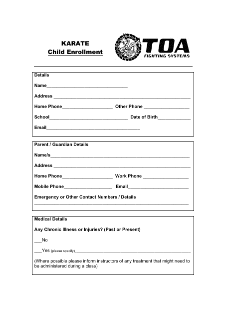 Karate Child Enrollment Form - Toa Fighting Systems