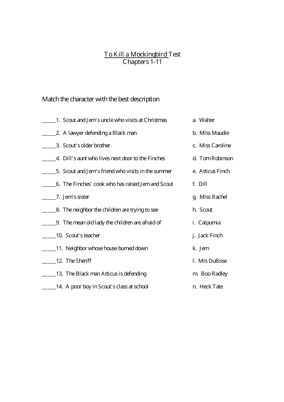 To Kill a Mockingbird Worksheet, Page 1
