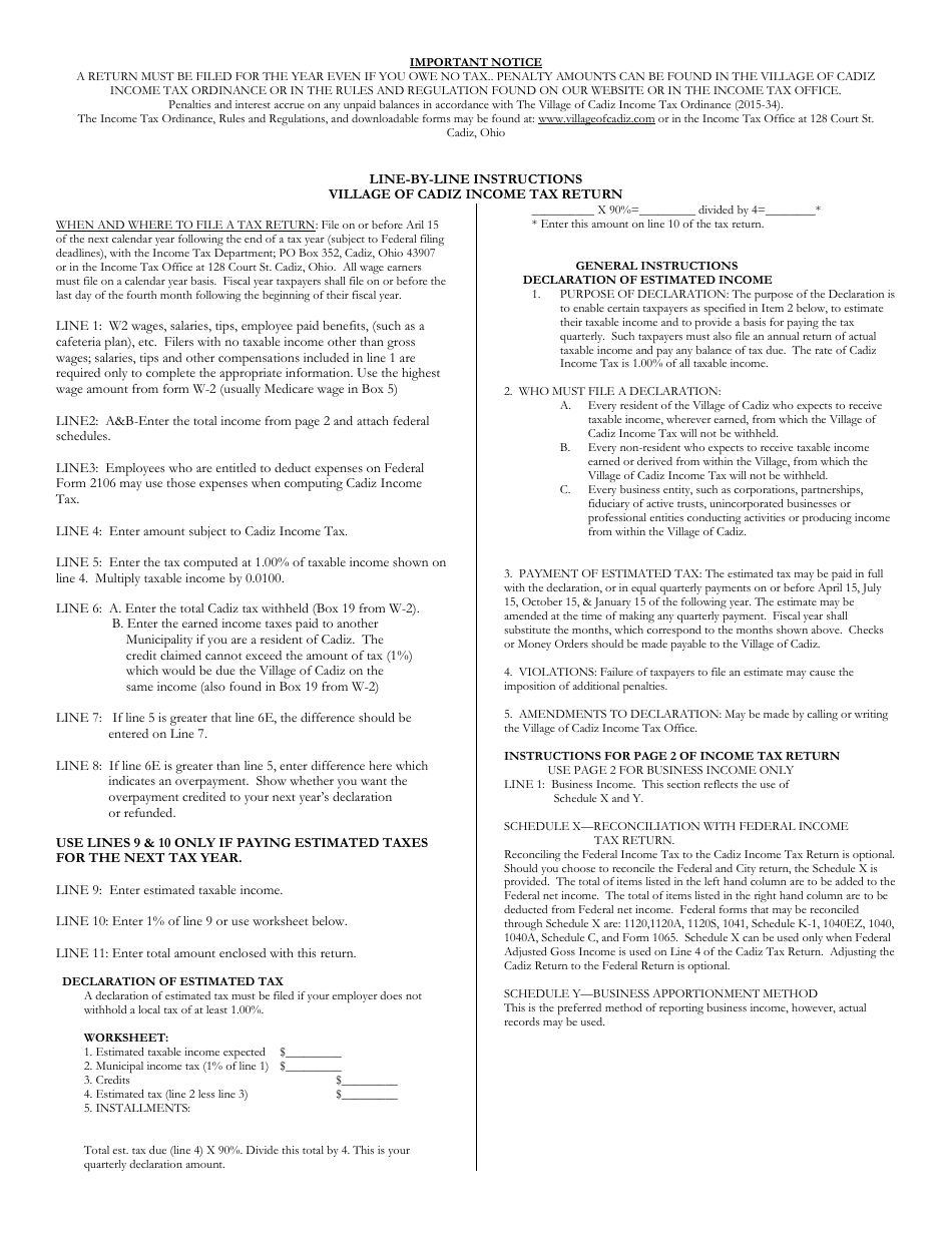 Instructions for Village of Cadiz Income Tax Return - Village of Cadiz, Ohio, Page 1