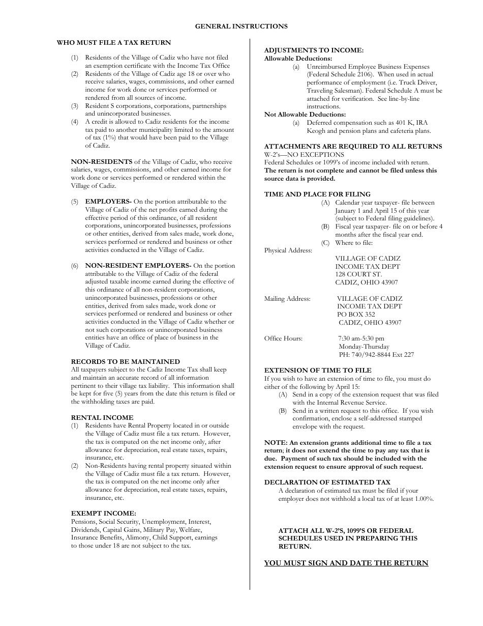 Instructions for Village of Cadiz Income Tax Return - Village of Cadiz, Ohio, Page 2