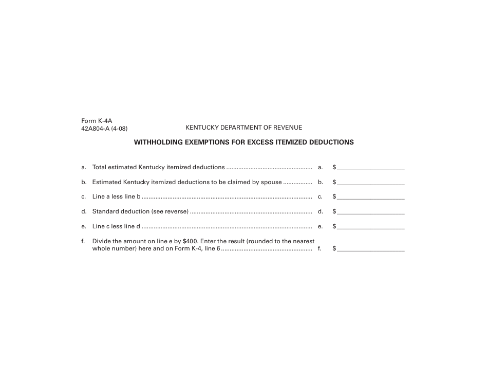 Form K-4A (42A804-A) Withholding Exemptions for Excess Itemized Deductions - Kentucky, Page 1