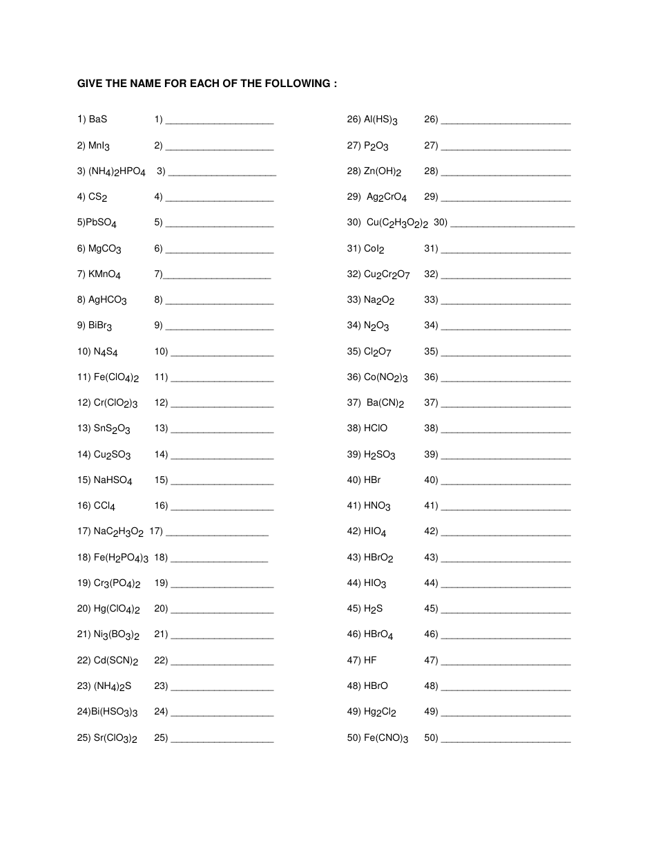 Chemical Formulas Worksheet Download Printable PDF | Templateroller