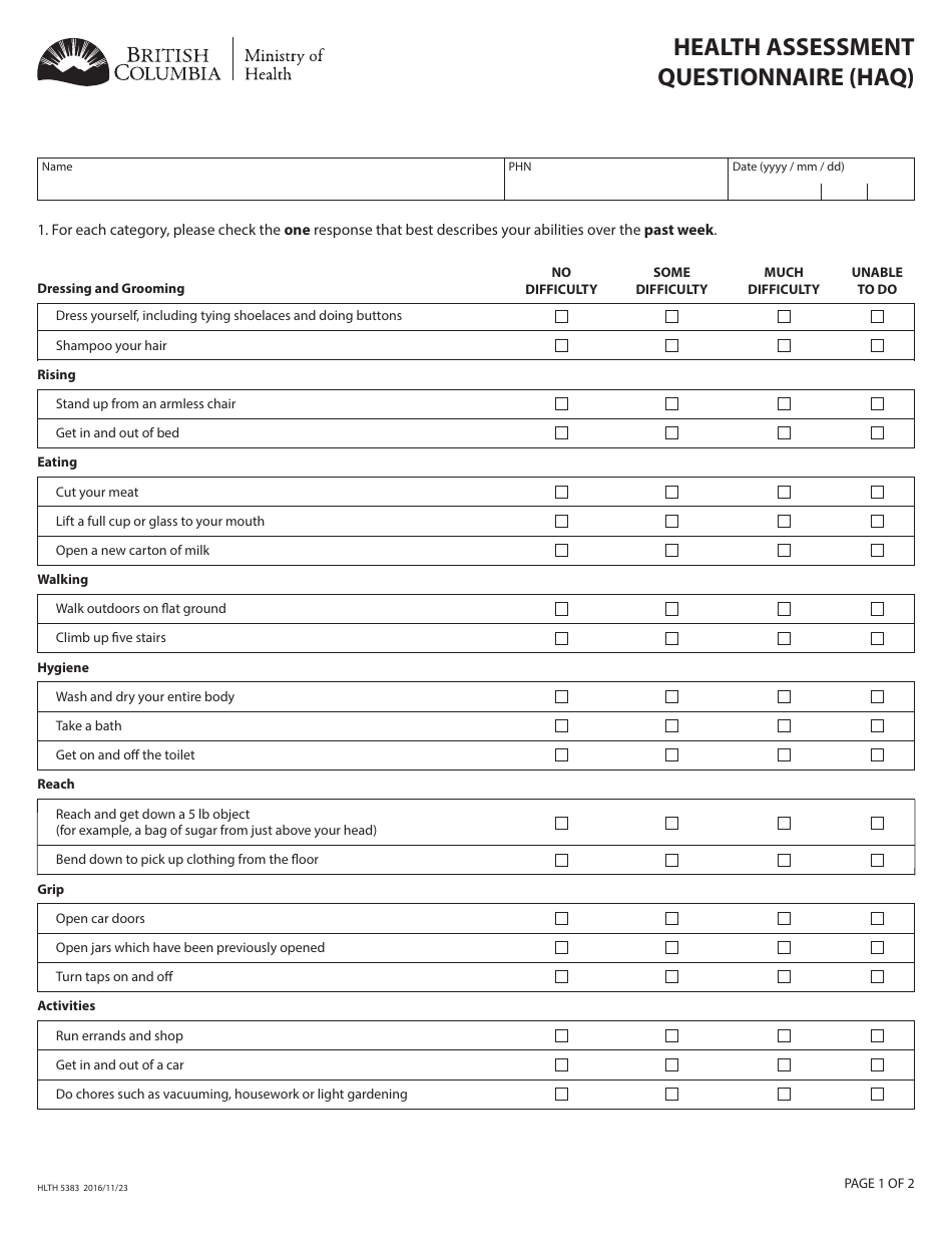 Form HLTH5383 Health Assessment Questionnaire (Haq) - British Columbia, Canada, Page 1