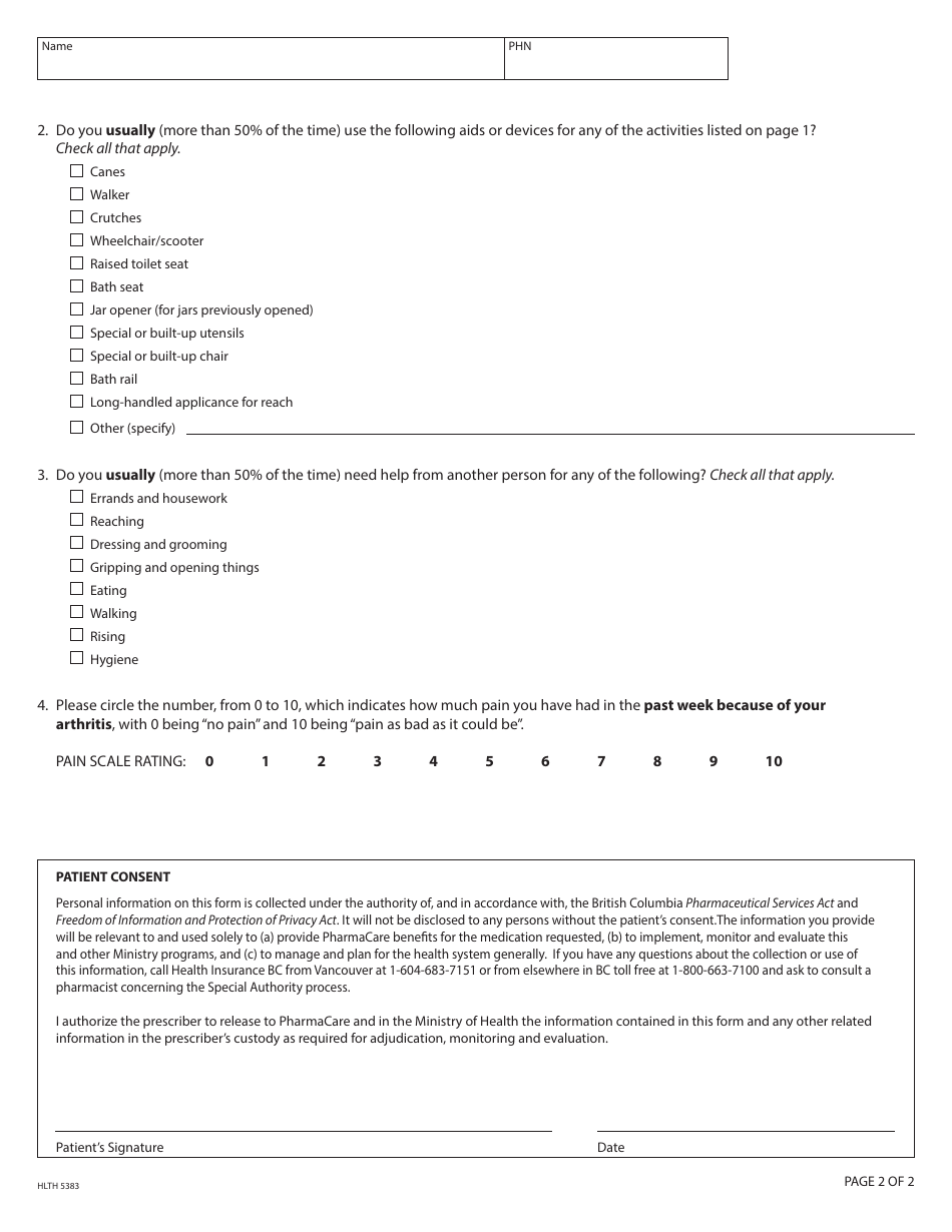 Form HLTH5383 Health Assessment Questionnaire (Haq) - British Columbia, Canada, Page 2