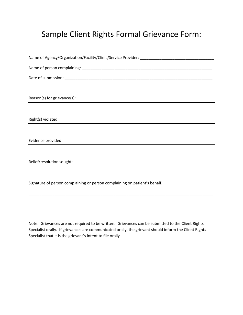 Client Rights Formal Grievance Form, Page 1