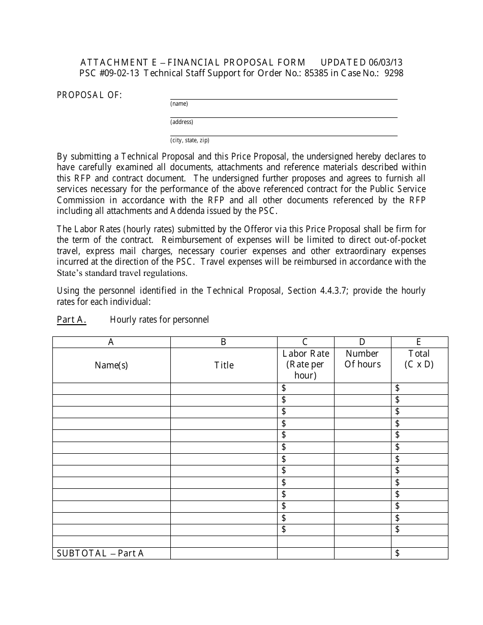 Attachment E Financial Proposal Form - Maryland, Page 1
