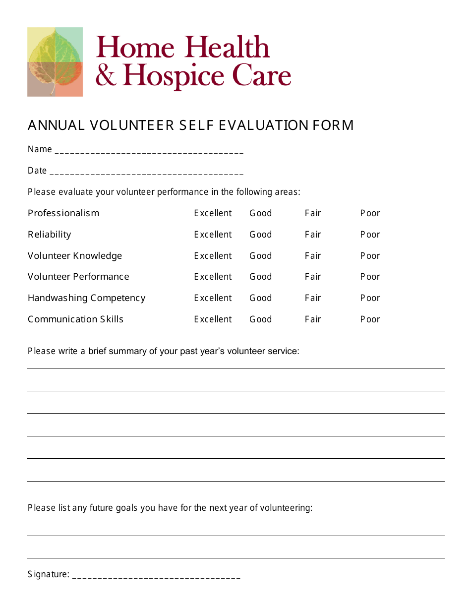 Annual Volunteer Self Evaluation Form - Home Health  Hospice Care, Page 1
