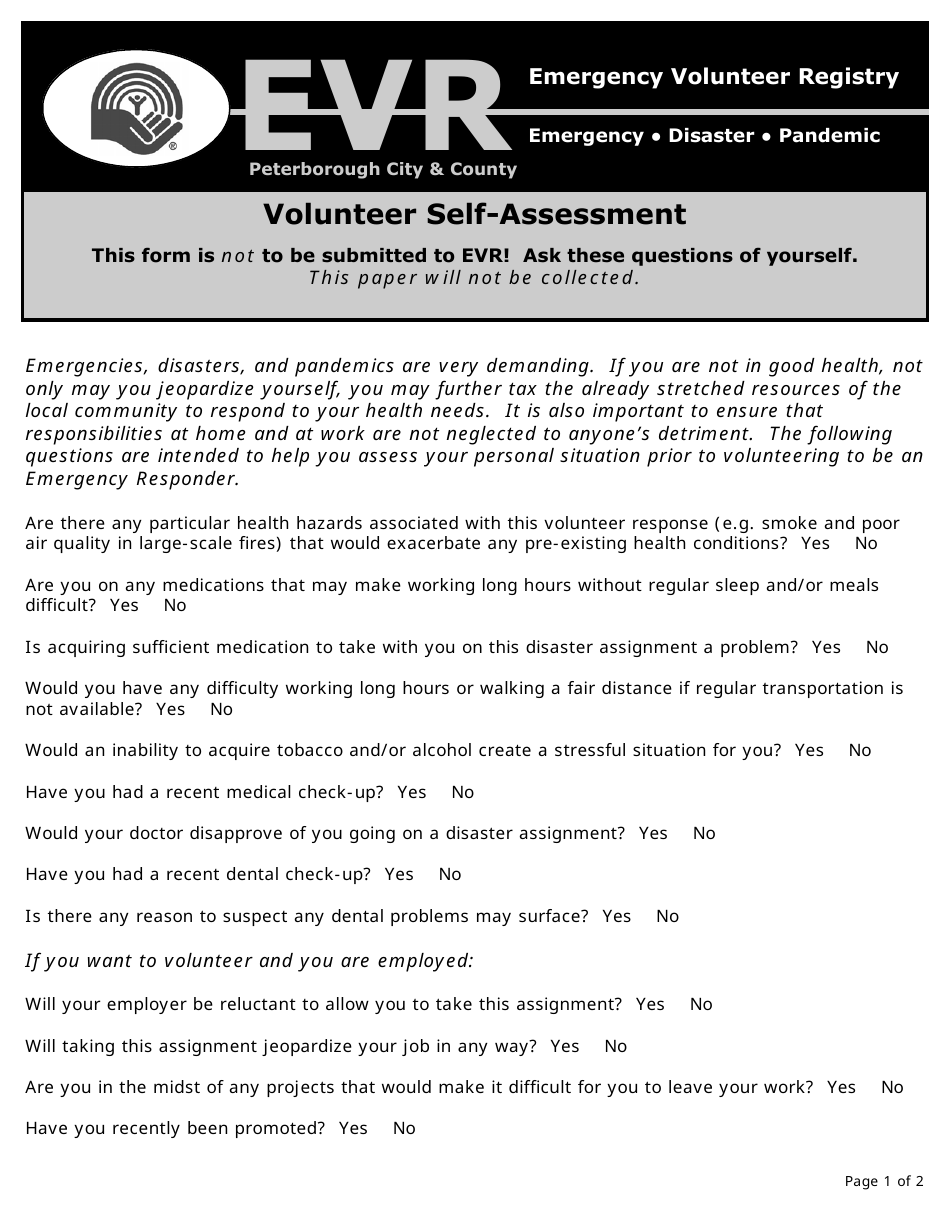 Emergency Responder Volunteer Self-assessment Form - Peterborough City  County - Canada, Page 1