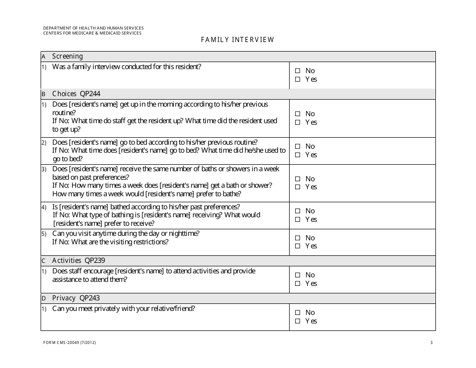 Form CMS-20049 Family Interview, Page 3