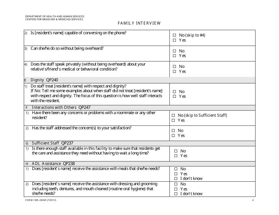 Form CMS-20049 Family Interview, Page 4
