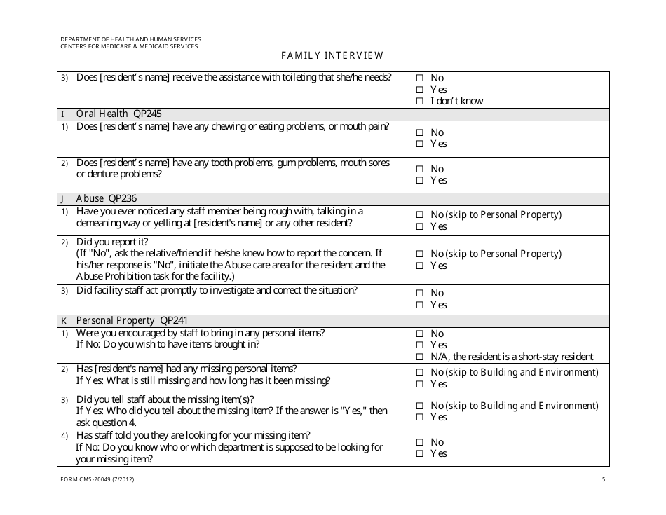 Form CMS-20049 Family Interview, Page 5