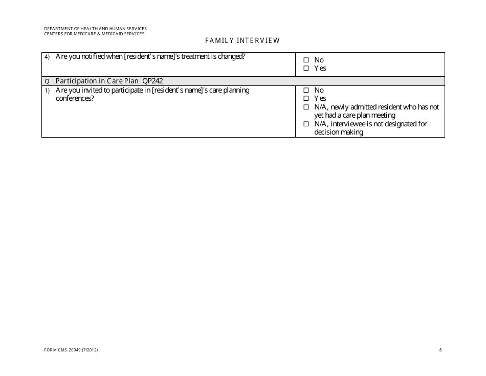Form CMS-20049 Family Interview, Page 8
