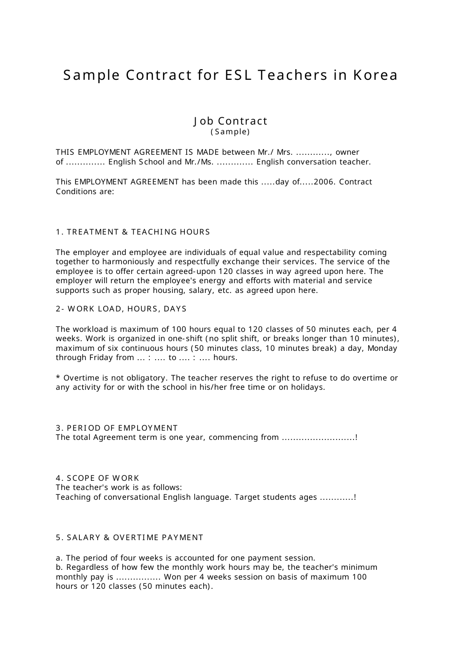 Contract for Esl Teachers in Korea, Page 1