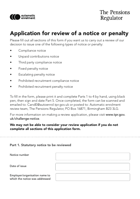 Application for Review of a Notice or Penalty - United Kingdom