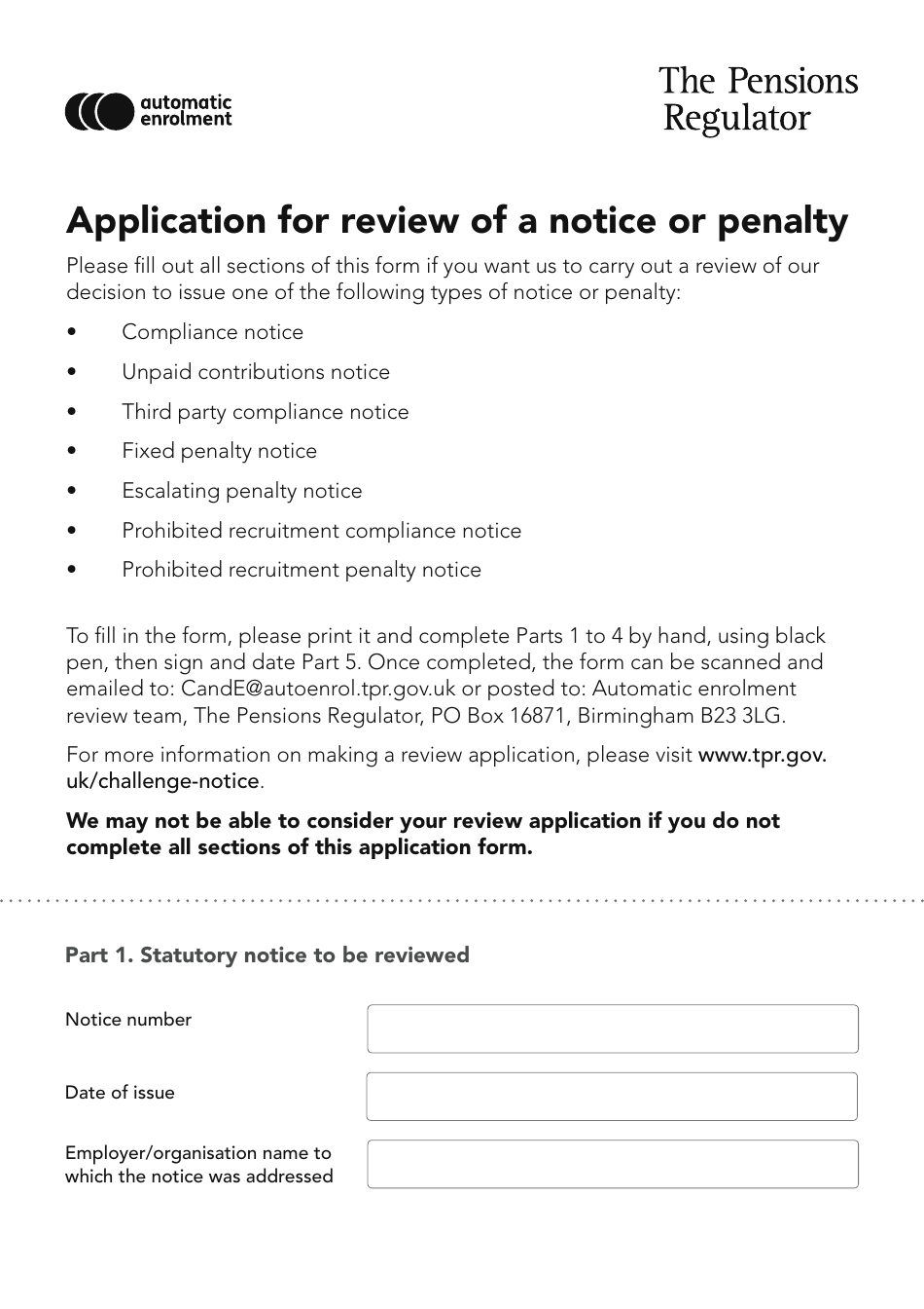 Application for Review of a Notice or Penalty - United Kingdom, Page 1