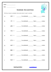 Hundreds, Tens and Ones Worksheet With Answer Key