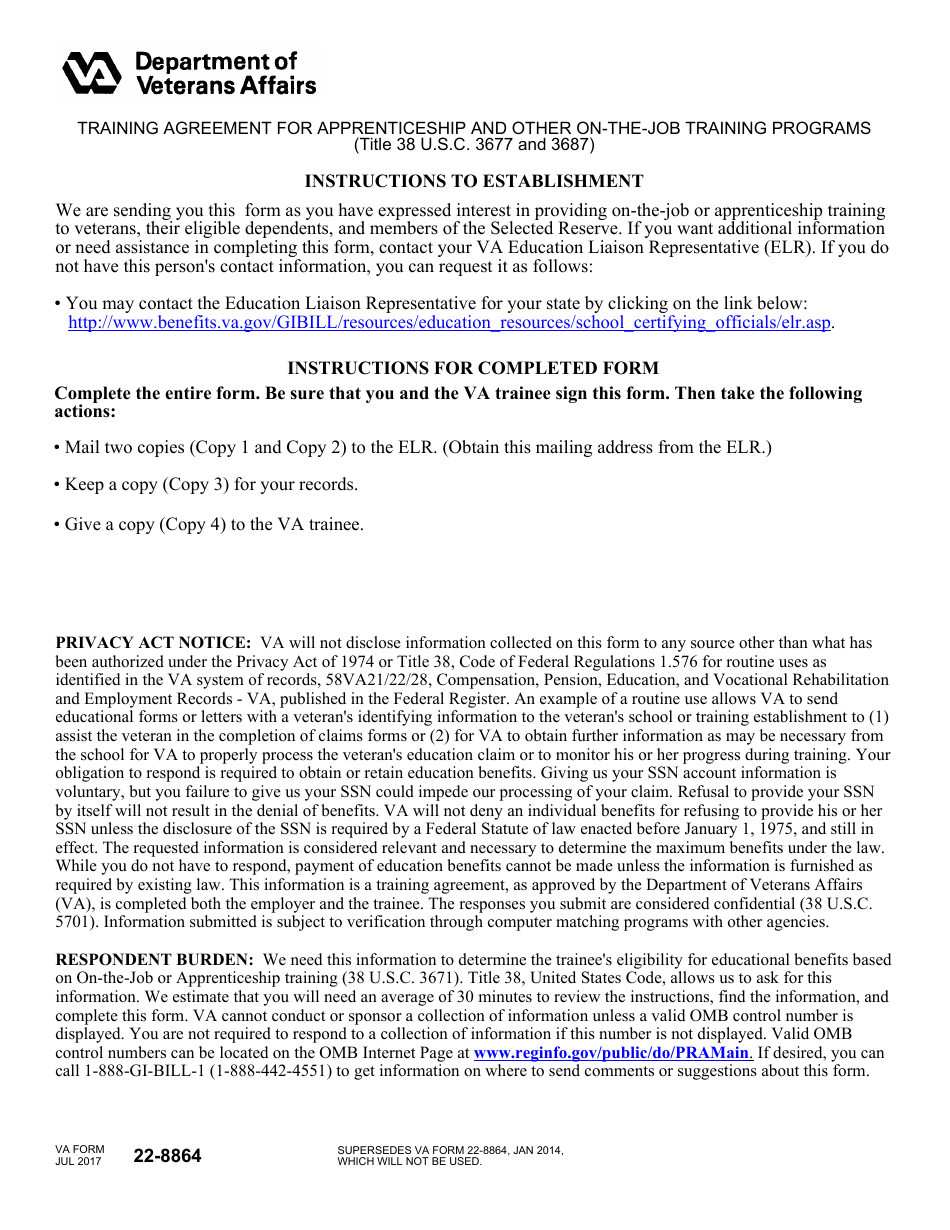 VA Form 22-8864 Training Agreement for Apprenticeship and Other on-The-Job Training Programs, Page 1