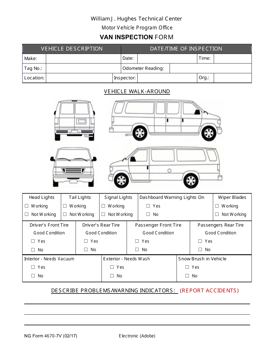 NG Form 4670-7V Van Inspection Form, Page 1