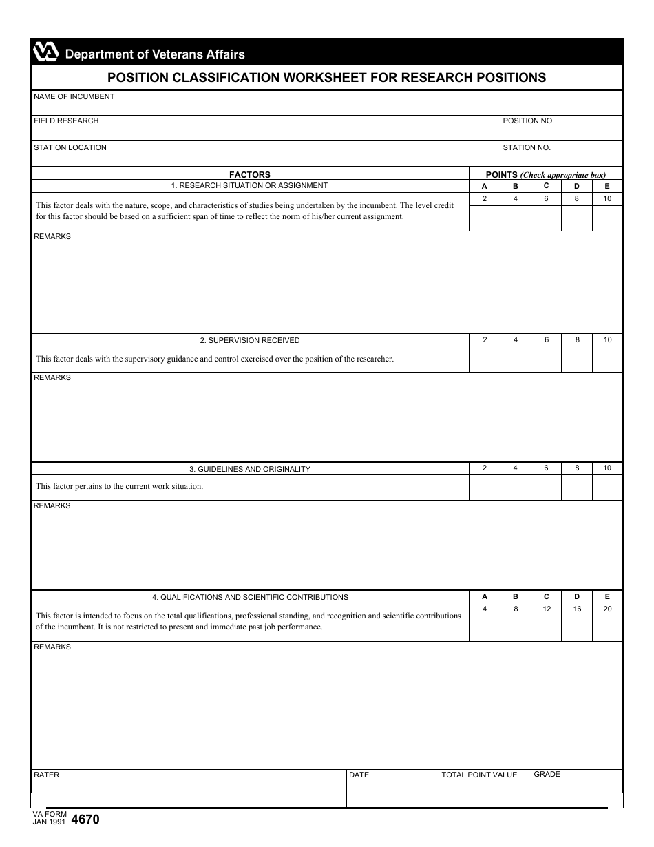 VA Form 4670 Position Classification Worksheet for Research Positions, Page 1