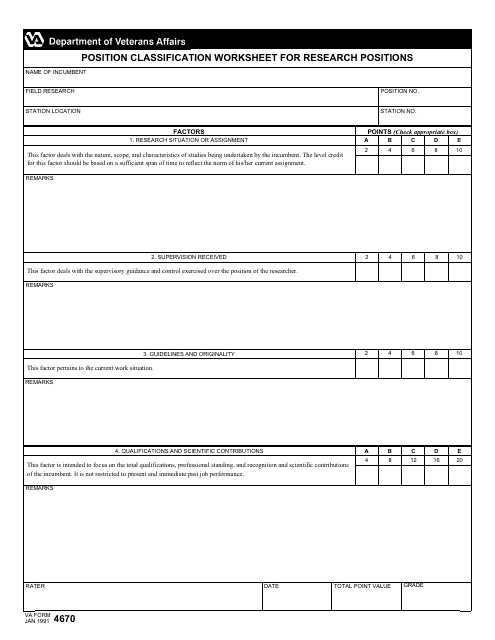 VA Form 4670 Position Classification Worksheet for Research Positions