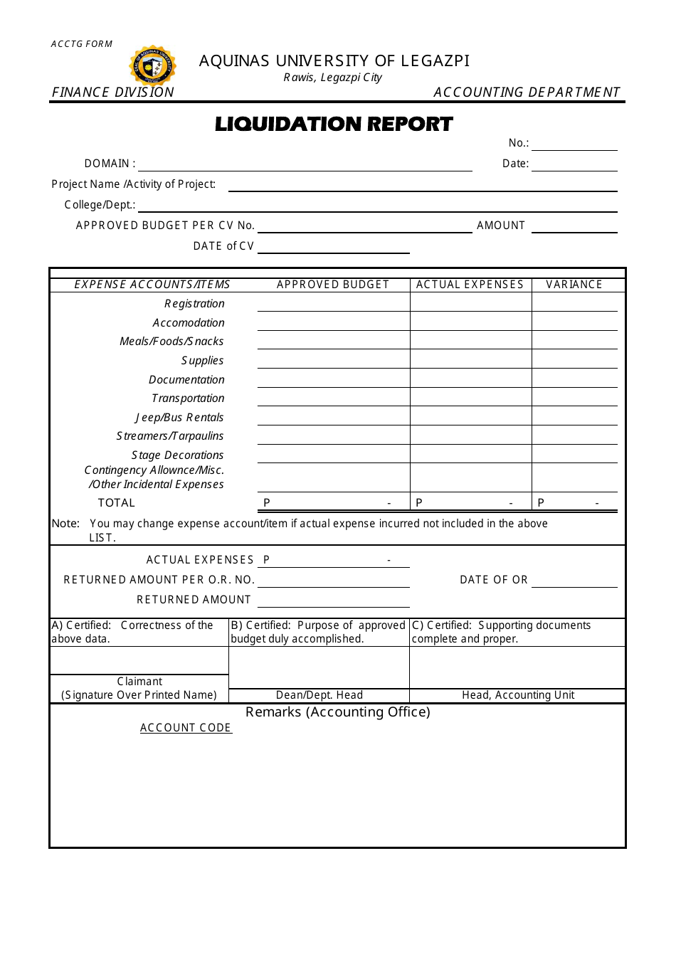 Liquidation Report Form - Aquinas University of Legazpi, Page 1