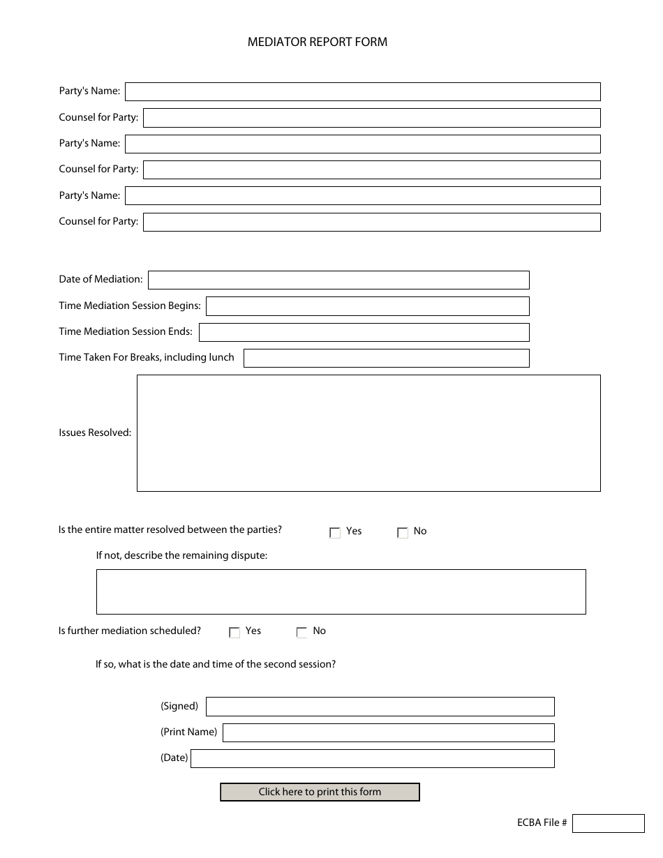 Mediator Report Form - Ecba, Page 1