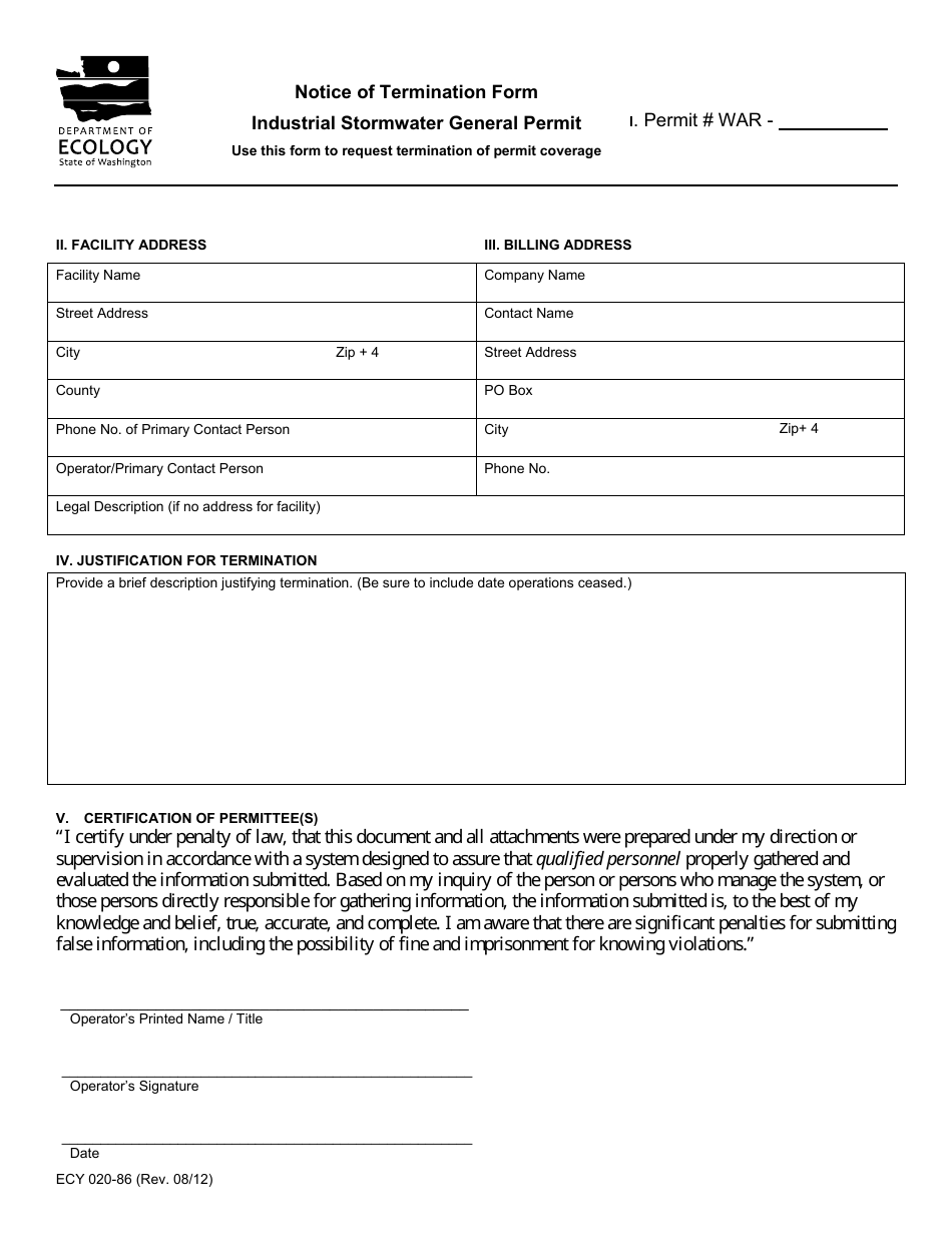 Form ECY020-86 Notice of Termination Form: Industrial Stormwater General Permit - Washington, Page 1