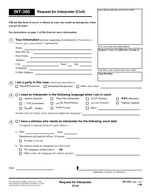 Form INT-300 Request for Interpreter (Civil) - California
