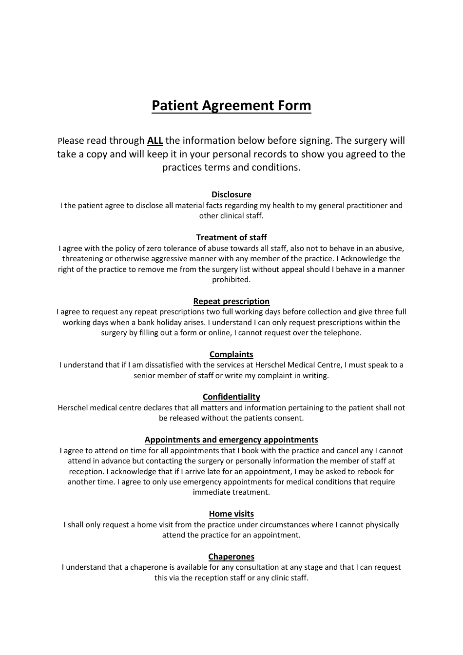 Patient Agreement Form - United Kingdom, Page 1