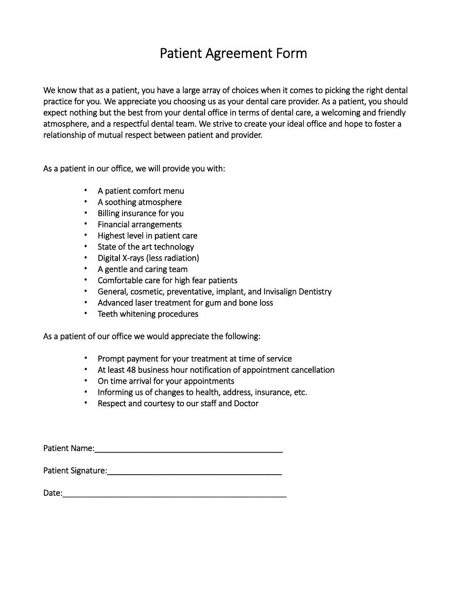 Patient Agreement Form, Page 1