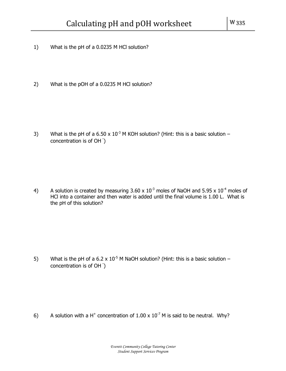 Calculating Ph and Poh Worksheet With Answers Download Printable PDF