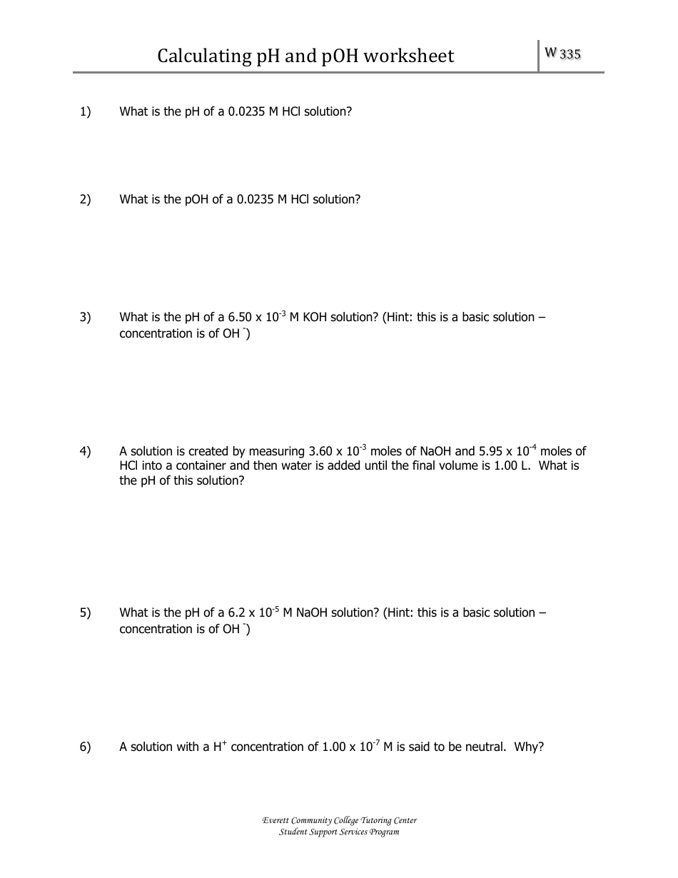 Calculating pH and pOH Worksheet With Answers-preview