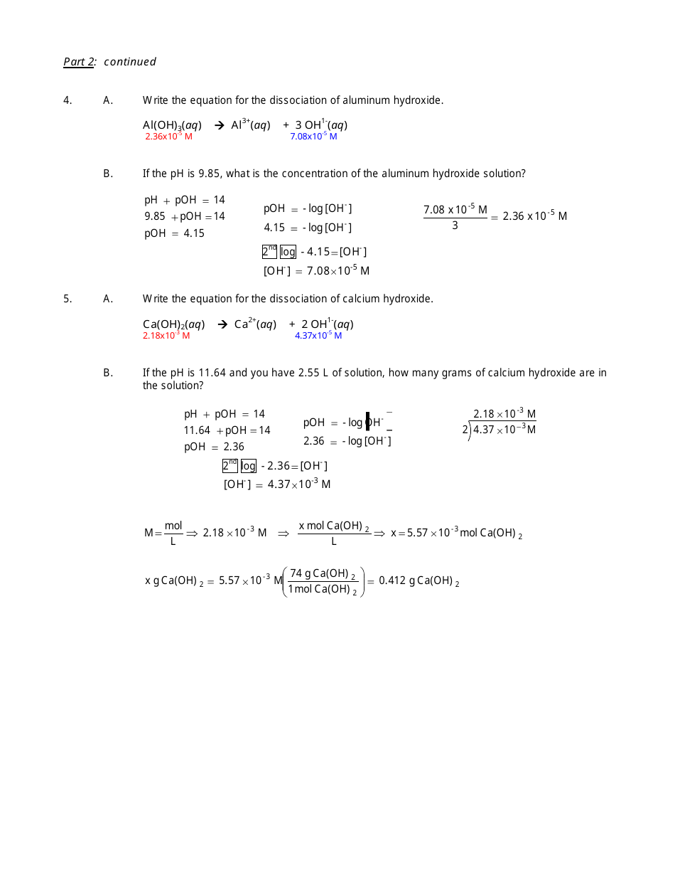 Ph and Poh Calculations Chemistry Worksheet With Answers Download