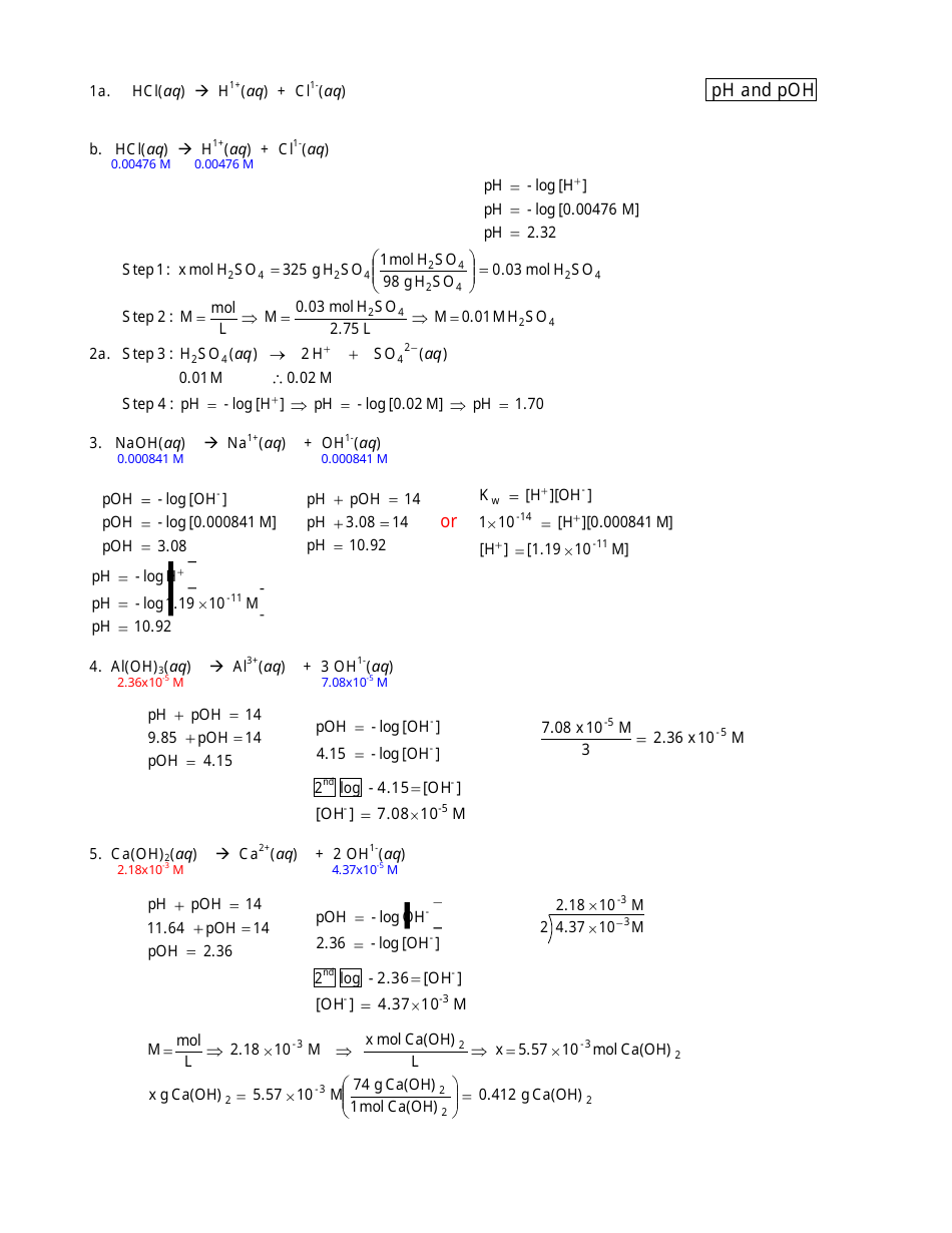 Ph And Poh Calculations Chemistry Worksheet With Answers Download ...