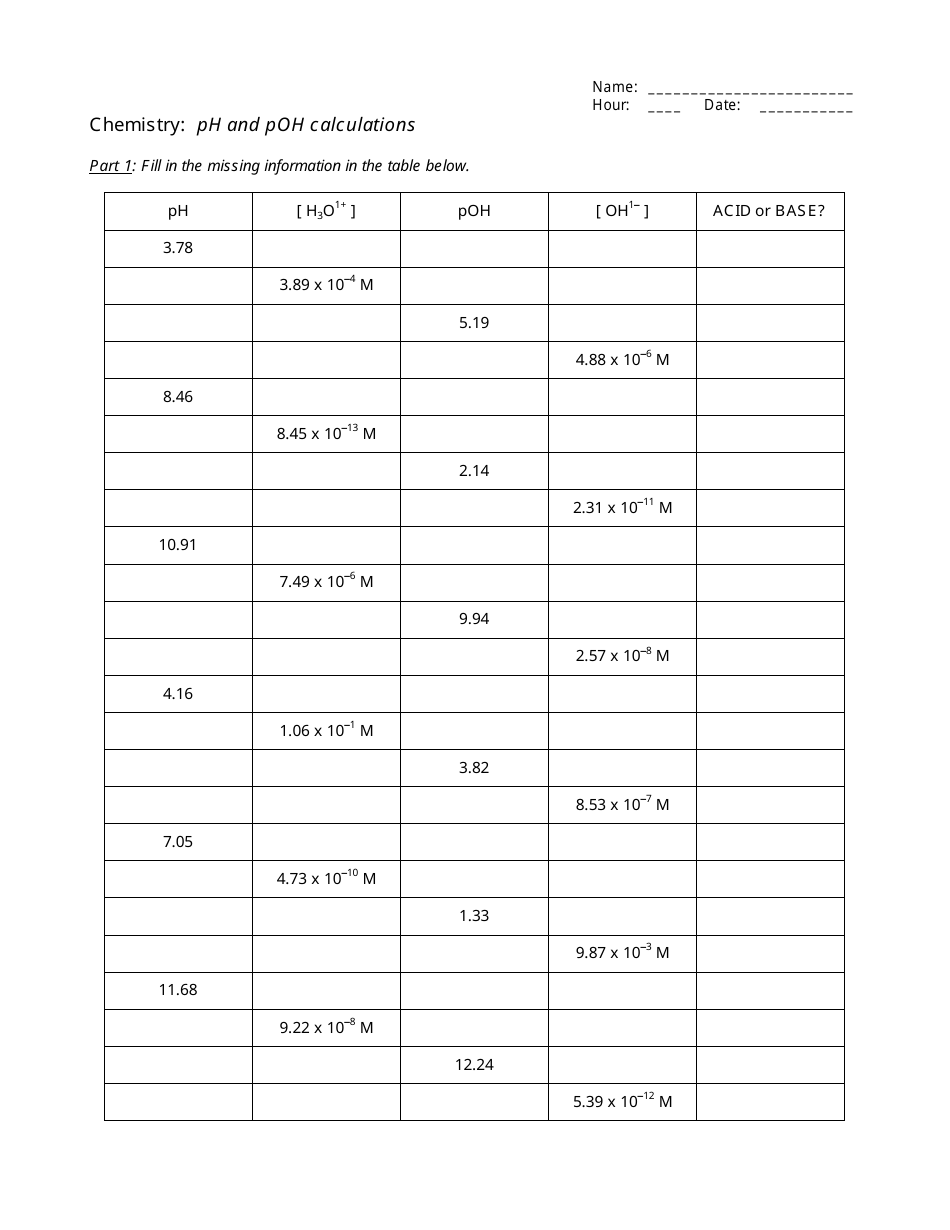 Ph And Poh Calculations Chemistry Worksheet With Answers Download Printable Pdf Templateroller